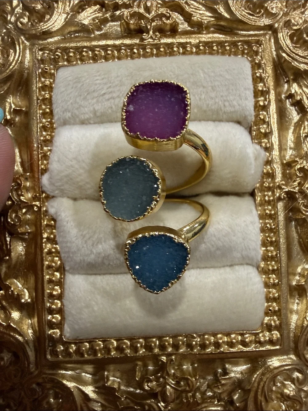 Gold Triple Druzy Statement Ring - Purple, Teal, Blue